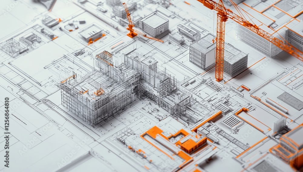 Poster constructing innovative buildings: blueprint designs, crane operations, and architectural models for