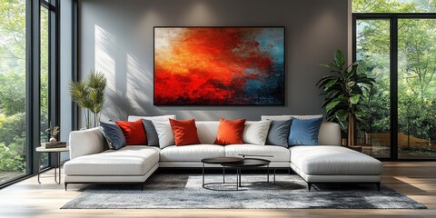 Modern Living Room with Abstract Art and Minimalist Sofa