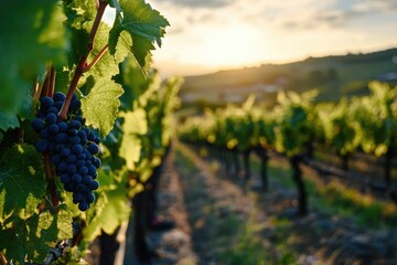 Naklejka premium Ripe Red Grapes Hanging on Vine at Sunset