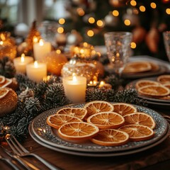 Cozy Christmas Dinner Table with Dried Oranges Candles and Christmas Tree Decor