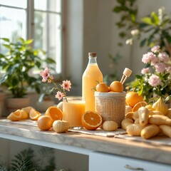 Bright Interior shot of table with oranges and lemons in soft pastel color with orange color elements, style sceneic illustration, natural light, indoor concept, yellow and white, food photography