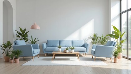 Modern minimalist living room interior design with light blue sofa and armchairs, plants, and white rug