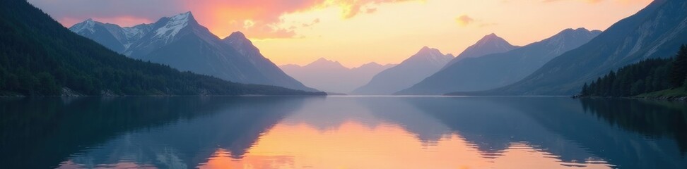 Fototapeta premium Majestic mountains reflected in still lake waters at dawn, lake, morning, sunlight