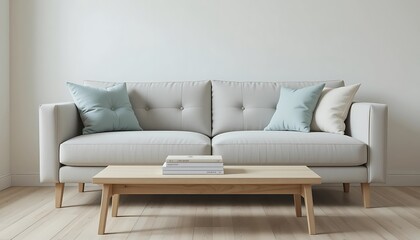 Light Beige Sofa with Light Blue and Beige Pillows in Minimalist Living Room