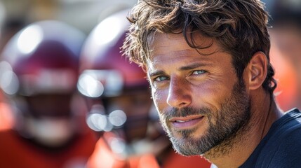 Obraz premium Handsome man on football field with helmeted players in background. Generative AI