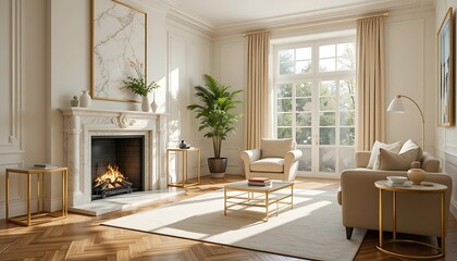 Fototapeta premium Luxury Living Room Interior Design with Fireplace, Gold Accents, and Beige Sofa