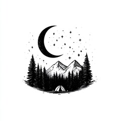 Nighttime Camping Scene with Crescent Moon and Mountains