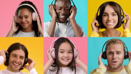A joyful group of individuals is shown wearing headphones, smiling, and enjoying music in vibrant settings. Each person is captured engaging with the music, reflecting happiness and connection. - Powered by Adobe