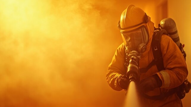 Firefighter in Gear Spraying Water to Fight Flames with Smoke. Generative AI