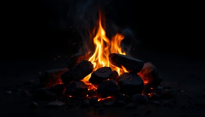 Charcoal Flames on Dark Background with Glowing Embers Charcoal Flames Burning Style and Black Charcoal pile pile hot fire on background