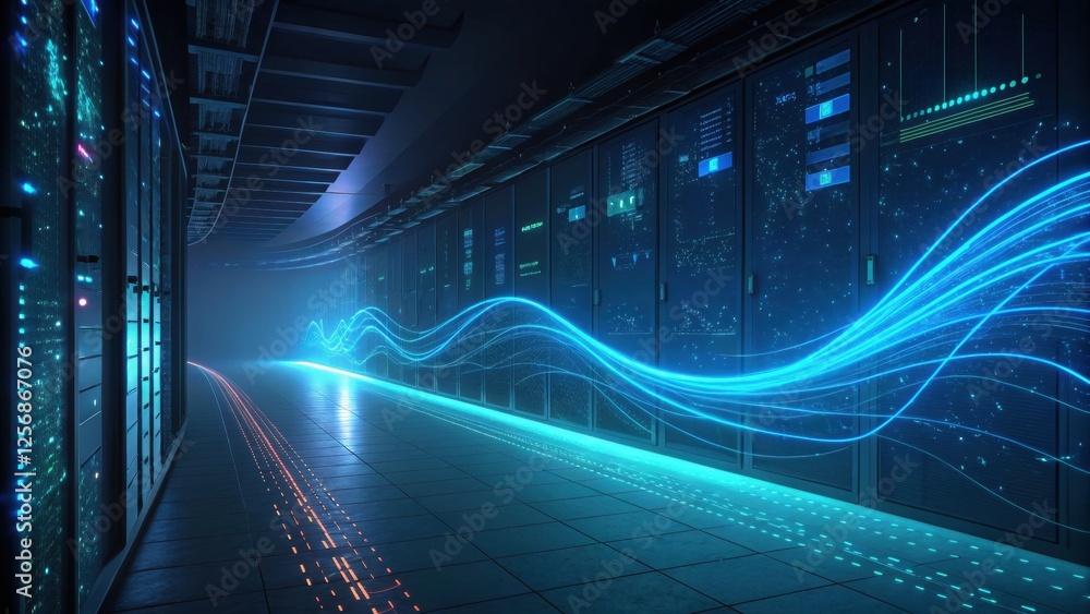 Poster high-tech server room with glowing data streams