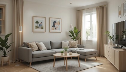 Fototapeta premium Modern Minimalist Living Room Interior Design with Grey Sofa and Wooden Accents