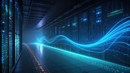 High-tech server room with glowing data streams