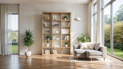 Fototapeta premium Minimalist living room with natural light, peaceful ambiance , bookshelf, peaceful ambiance