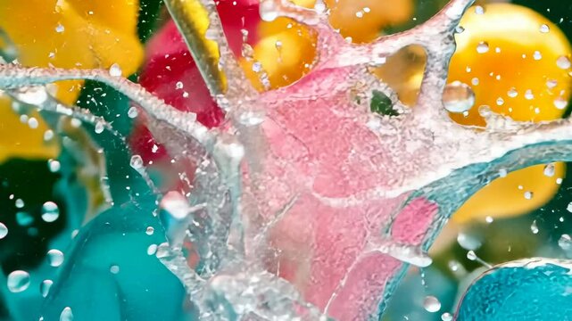 Colorful water splash captured in mid-air against a vibrant background during a sunny afternoon