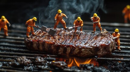 A close-up of a giant, juicy steak sizzling on the grill. On top of the steak, tiny construction workers in orange protective suits and yellow helmets are working as if building a road. 