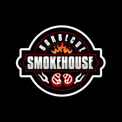 Barbecue smokehouse logo with fire and fork for bar and grill