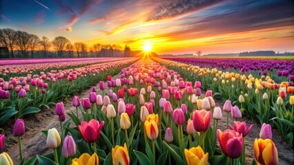 Vibrant Tulip Field at Sunrise , blooming, nature,  blooming