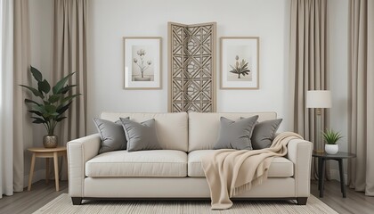 Fototapeta premium Beige living room interior design with modern sofa, plants, and elegant decor