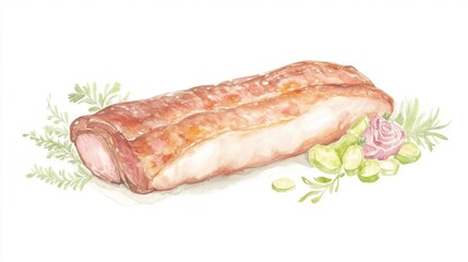Delicious Grilled Meat Roast with Fresh Vegetables in Watercolor Style. Generative AI