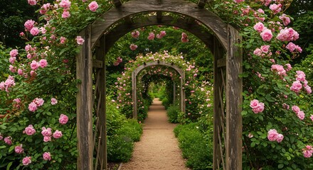Fototapeta premium A wooden arch covered in climbing roses creates a dreamy entrance to a beautiful garden.