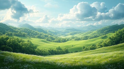 Fototapeta premium lush green hills landscape with dappled sunlight in impressionist style nature meadow countryside
