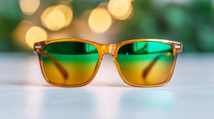 Close-Up of Stylish Sunglasses with Green Lenses and Bokeh Background. Generative AI