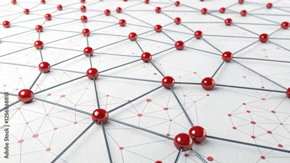 Poster network of connected red nodes and lines.