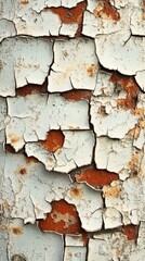 Close up of peeling white paint reveals rust beneath