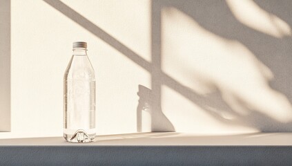 Refreshing Hydration: Pure Water Bottle in Sunlight, A Tranquil Still Life Photography.