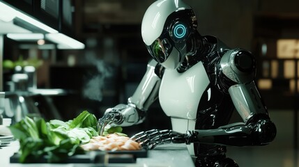 Fototapeta premium A humanoid robot elegantly slicing vegetables with incredible precision, resembling a master sushi chef in a cyberpunk-style restaurant. 