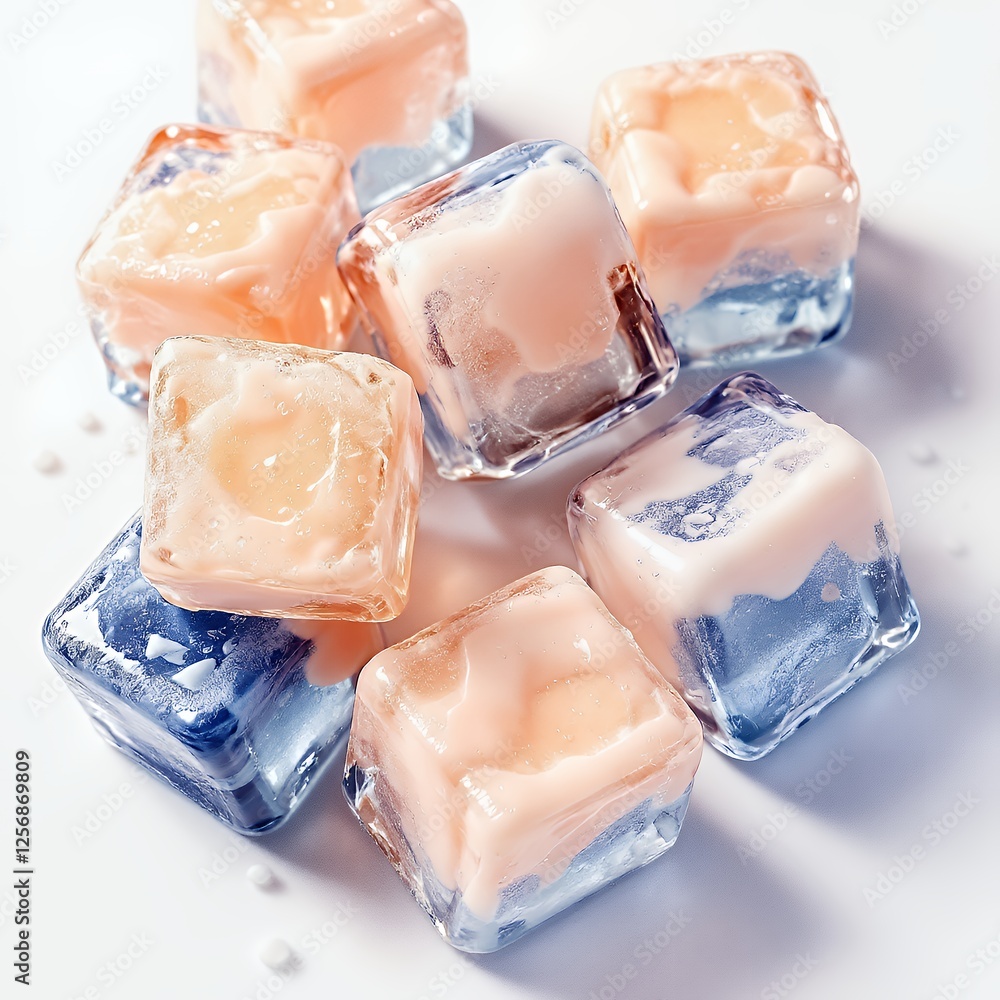 Poster close-up image of pastel-colored cubes shiny texture with a white background in a studio setting usi