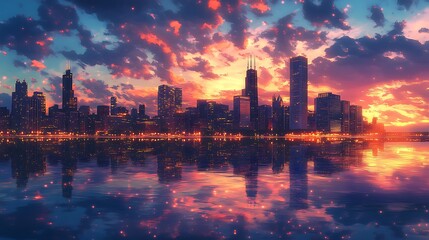 Obraz premium A breathtaking anime view of the Chicago skyline at dusk, the city glowing with golden lights, reflections glimmering on the tranquil waters of Lake Michigan,