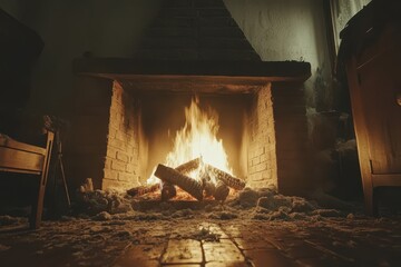 Cozy brick fireplace with warm fire glowing. Perfect for winter, comfort, and home themes.