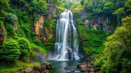 Obraz premium waterfall amidst lush greenery, cascading water falls from a height of rugged granite , water feature, green forest