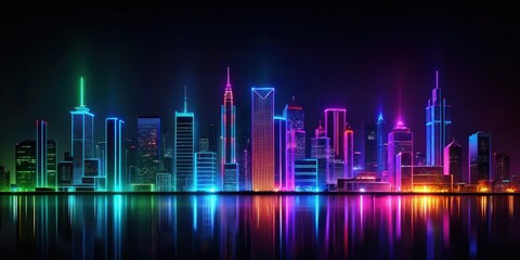 Dark gradient wallpaper with neon lights, isolated on a black background, cityscape, contrasting,  cityscape, contrasting