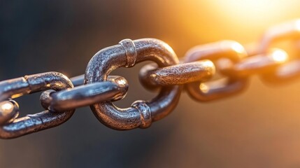 Obraz premium Close-up view of a metal chain link with sunlight in the background. Generative AI