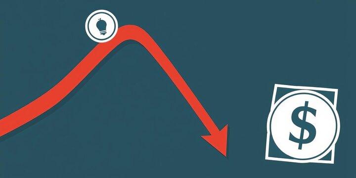 Red arrow pointing downwards over stack of coins depicting financial decline, decline, graphic, plummet