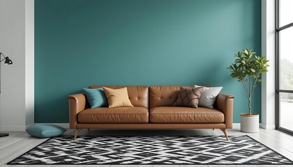 Modern living room interior design with teal wall, brown leather sofa, black and white rug, and potted plant