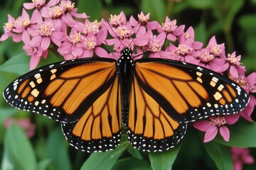 Naklejka premium A monarch butterfly, danaus plexippus, visiting flowers.- winchester, massachusetts. with generative ai