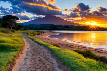 A beautiful beach with a mountain in the background. The sun is setting and the sky is filled with clouds