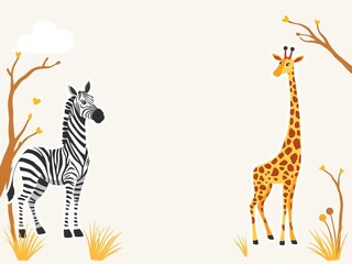 Safari themed background set with giraffe, zebra, and lion illustrations perfect for birthday invitations and stickers, includes the wording "wild and free", birthday invitation, wild, postcard