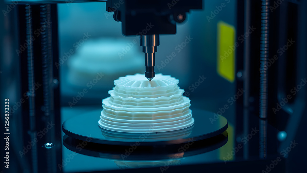 Poster 3d printing in action: close-up view of a 3d printer meticulously crafting a layered, intricate whit