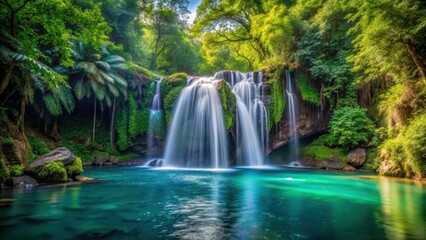 Obraz premium Dense foliage surrounds a serene waterfall cascading into a crystal-clear pool , waterfall, water, waterfall, water, landscape