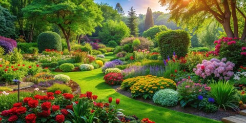 Obraz premium Serene garden with lush greenery and vibrant flowers , Yard designs, Flowers, Yard designs, Flowers