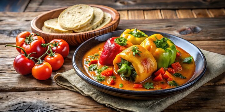 A steaming plate of rocoto relleno with saut?ed vegetables and a side of warm tortillas, set against a rustic wooden background, Peruvian dish, Latin American food