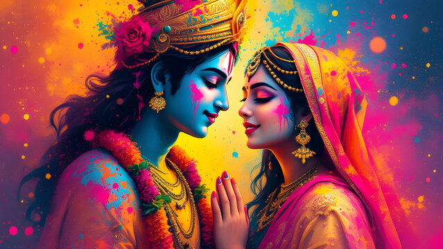 Lord krishna and goddess Radha playing Holi with colours, the festival of colours, hindu religious, holika dahan, Vrindavan.