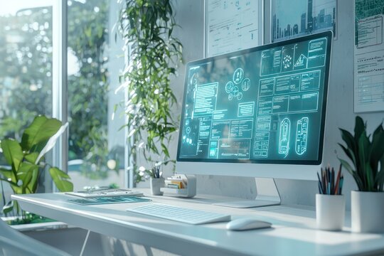 Holographic scheduling aids task prioritization in serene professional setting.