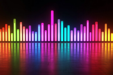 Colorful neon soundwave bars with vibrant reflections on dark background