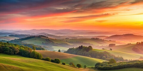 Sunset over rolling hills with a soft pink and orange gradient sky, orange, pink,  orange